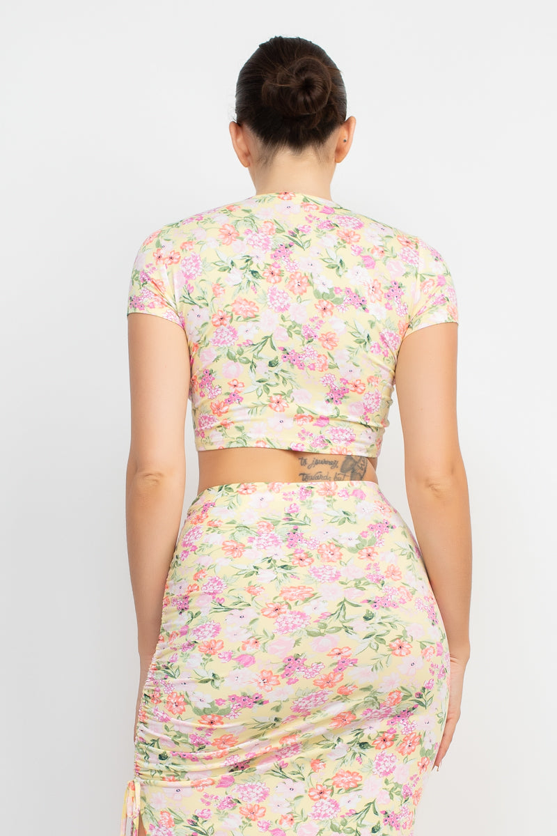 Women's Front Knot Floral Top & Ruched Maxi Skirts Set