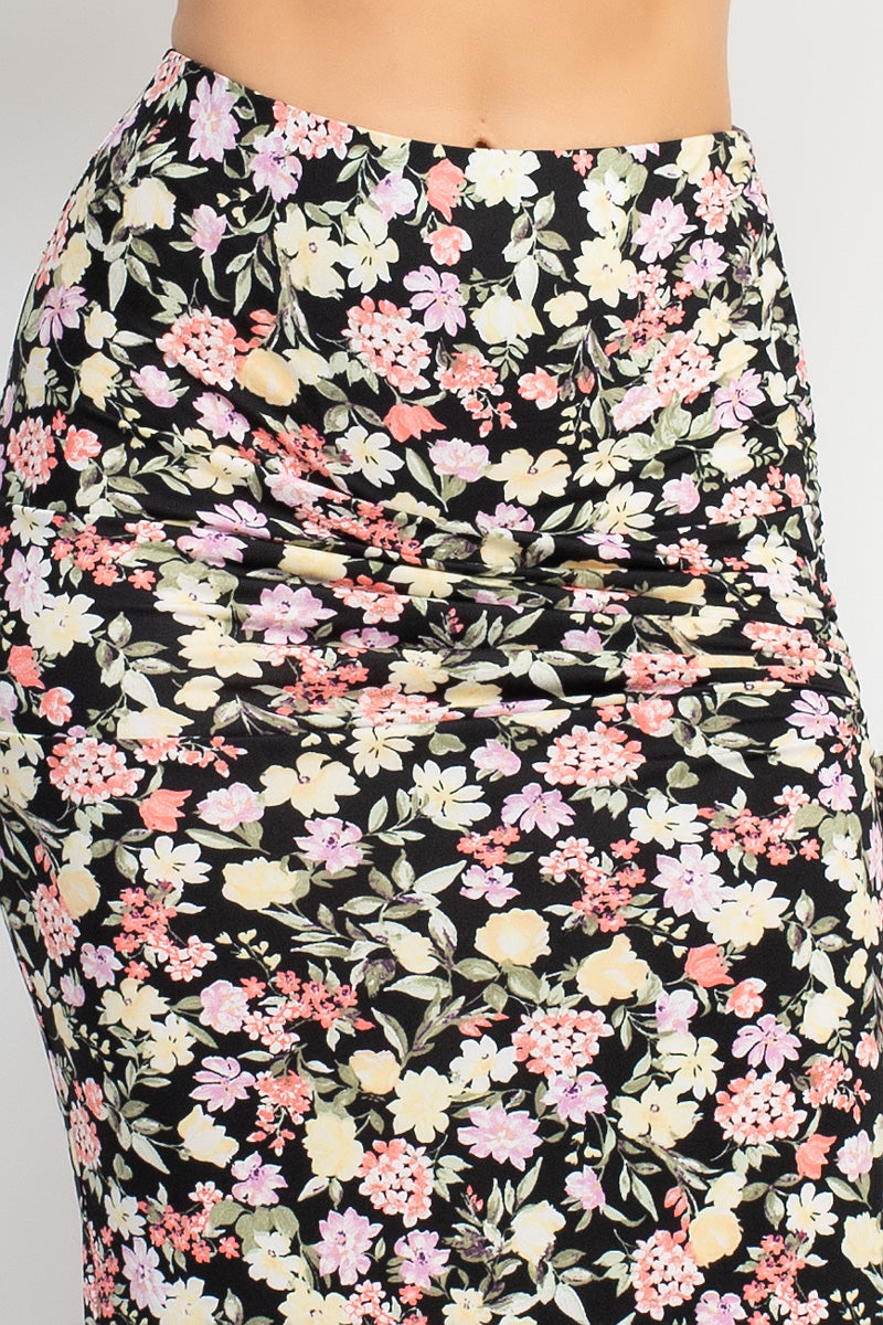 Women's Front Knot Floral Top & Ruched Maxi Skirts Set