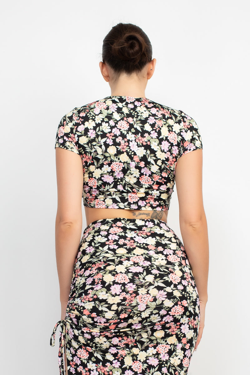 Women's Front Knot Floral Top & Ruched Maxi Skirts Set