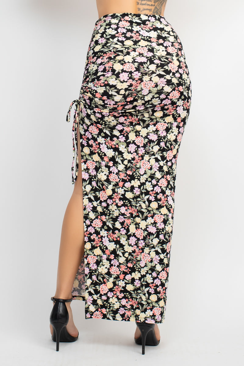 Women's Front Knot Floral Top & Ruched Maxi Skirts Set