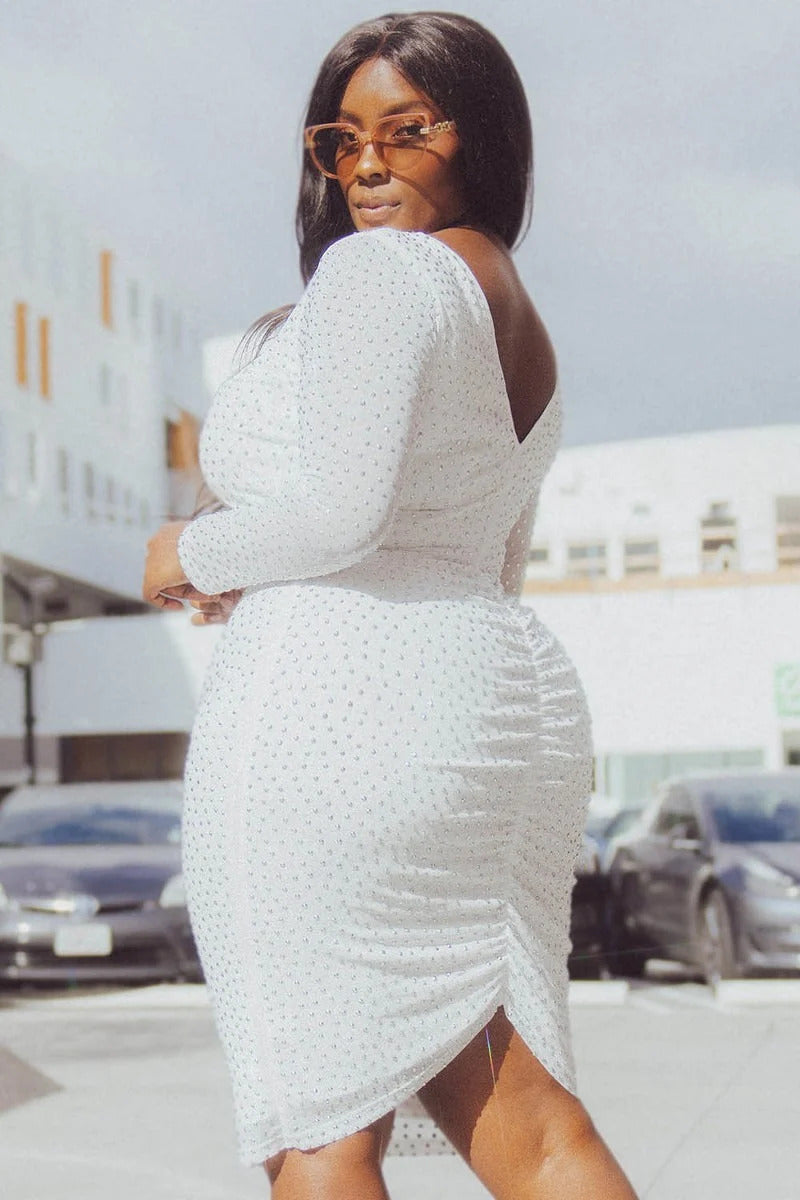 Women's Sparkling Translucent Silver Rhinestone Plus Size Mid-length Dress
