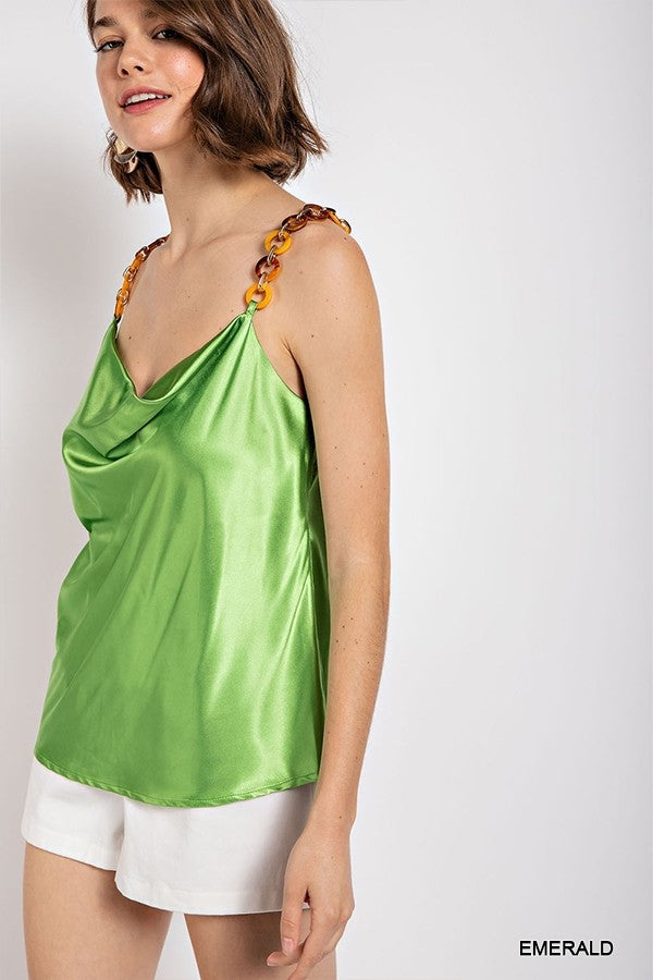 Women's Cow Neck Satin Camisole with Chain Strap
