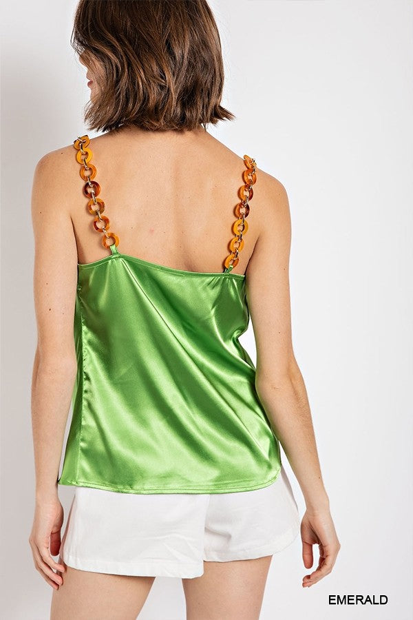 Women's Cow Neck Satin Camisole with Chain Strap