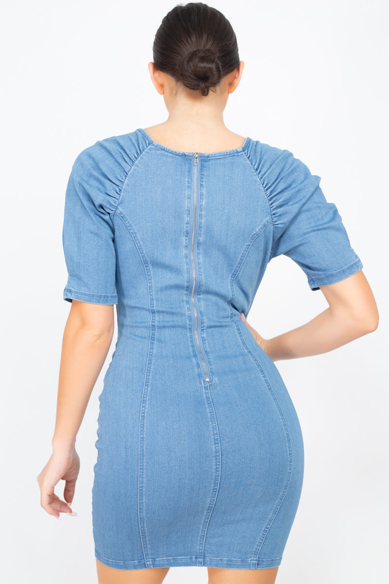 Women's Puff Sleeve Seamed Denim Jean Dress