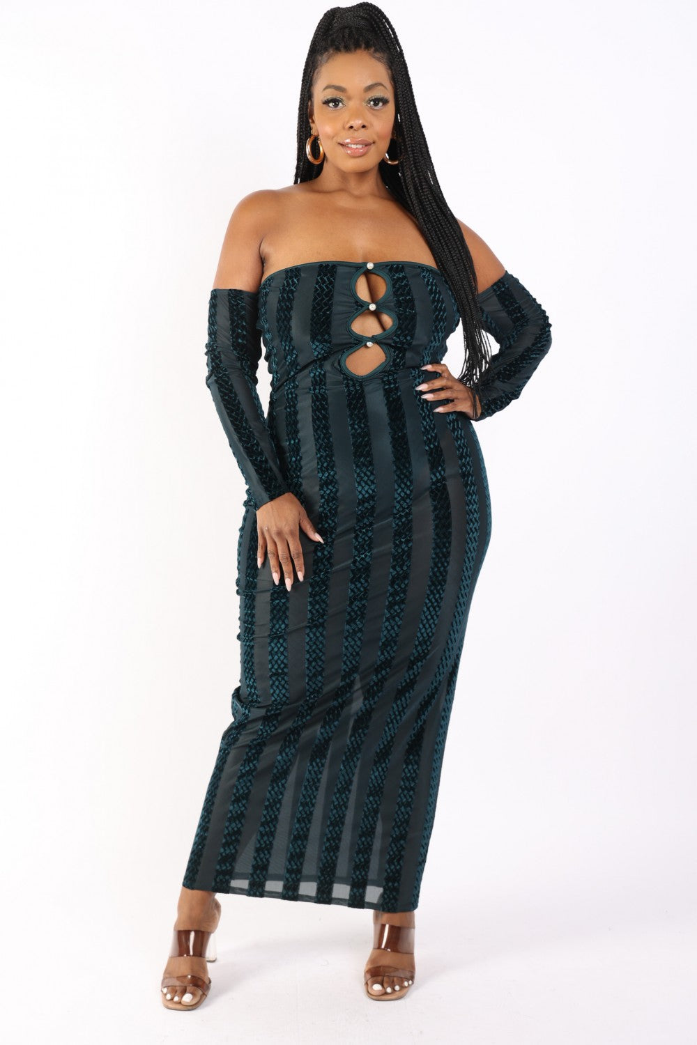 Women's Striped Velvet Plus Off Shoulder Dress