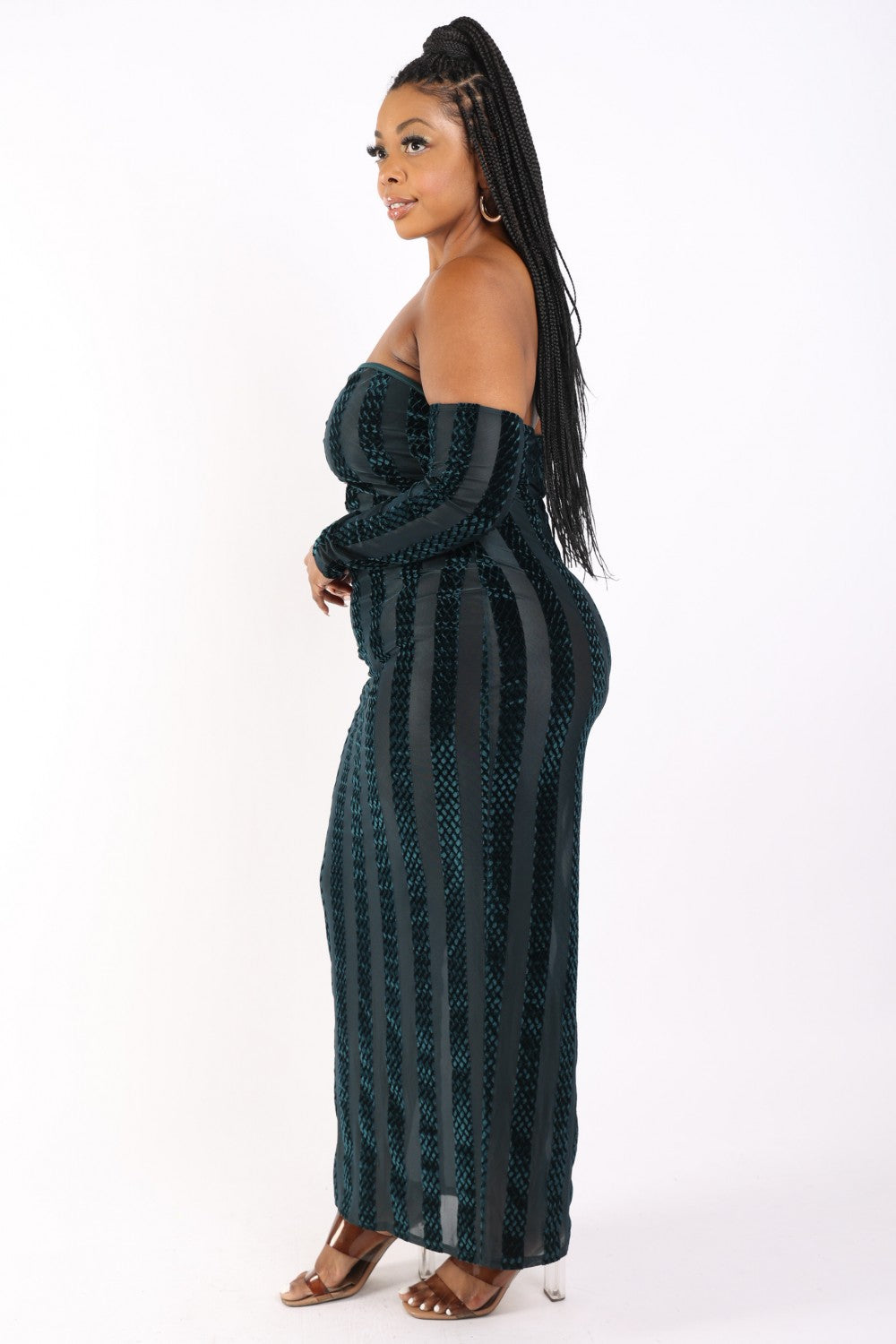 Women's Striped Velvet Plus Off Shoulder Dress