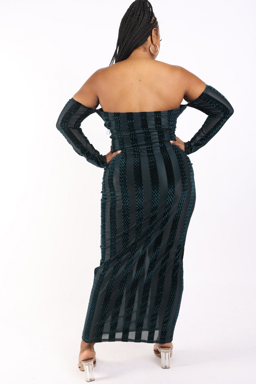 Women's Striped Velvet Plus Off Shoulder Dress