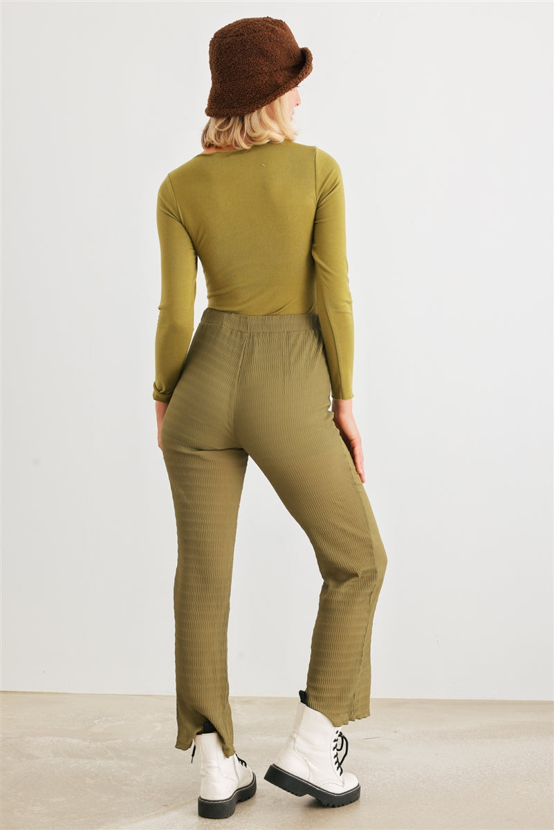 Women's Green Cut-out Tie Knit Long Sleeve Bodysuit