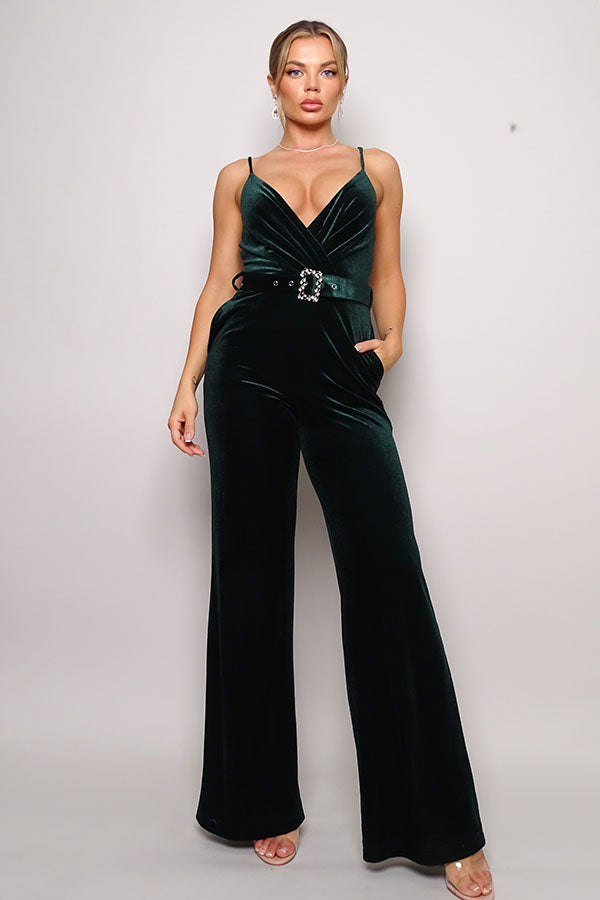 Women's Deep Green Samba Rhinestone Belt Velvet Jumpsuit