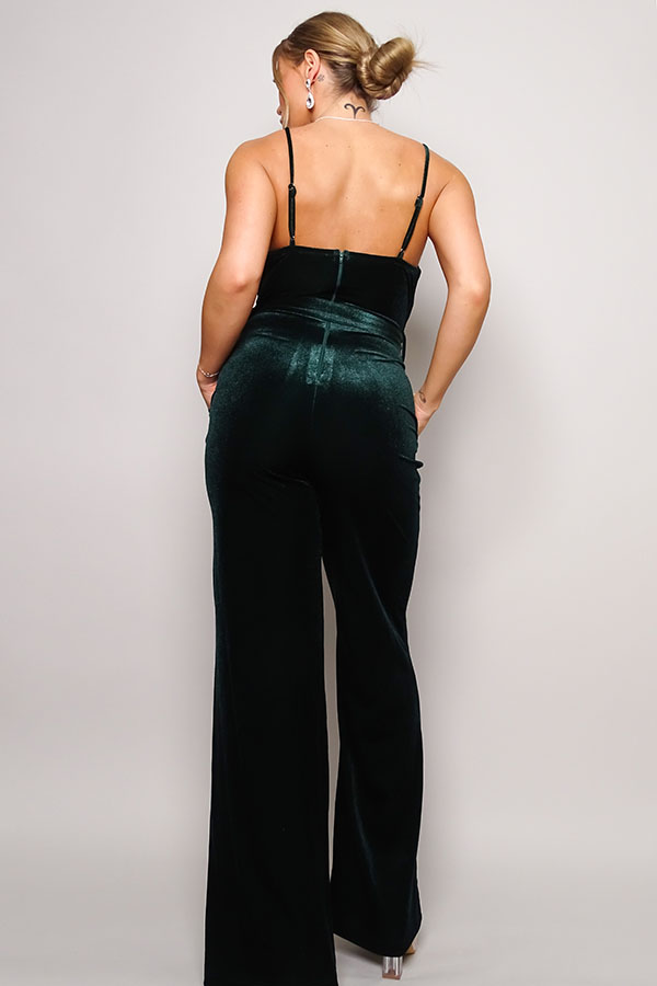 Women's Deep Green Samba Rhinestone Belt Velvet Jumpsuit