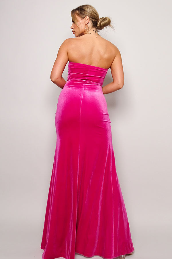 Women's Strapless Sweetheart Maxi Pink Velvet Dress
