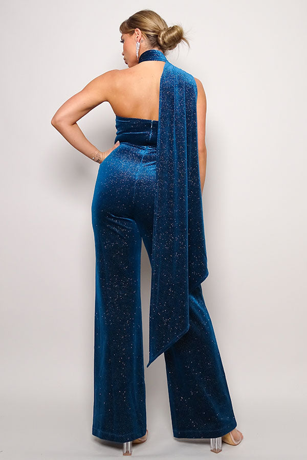 Women's Scarf Top Glitter Blue Velvet Jumpsuit