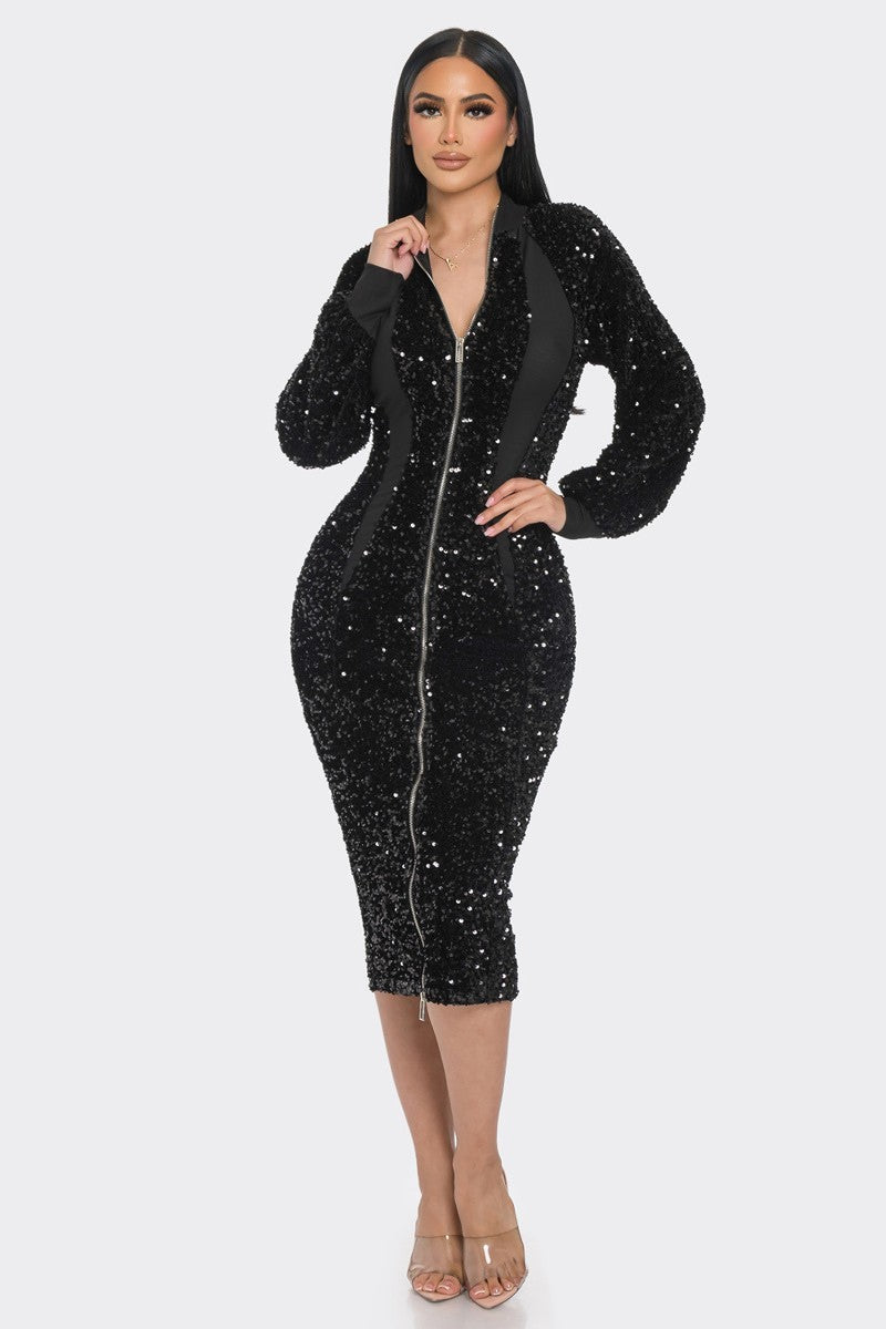 Women's Midi 2 Way Zip Up Sequin Contrast Dress