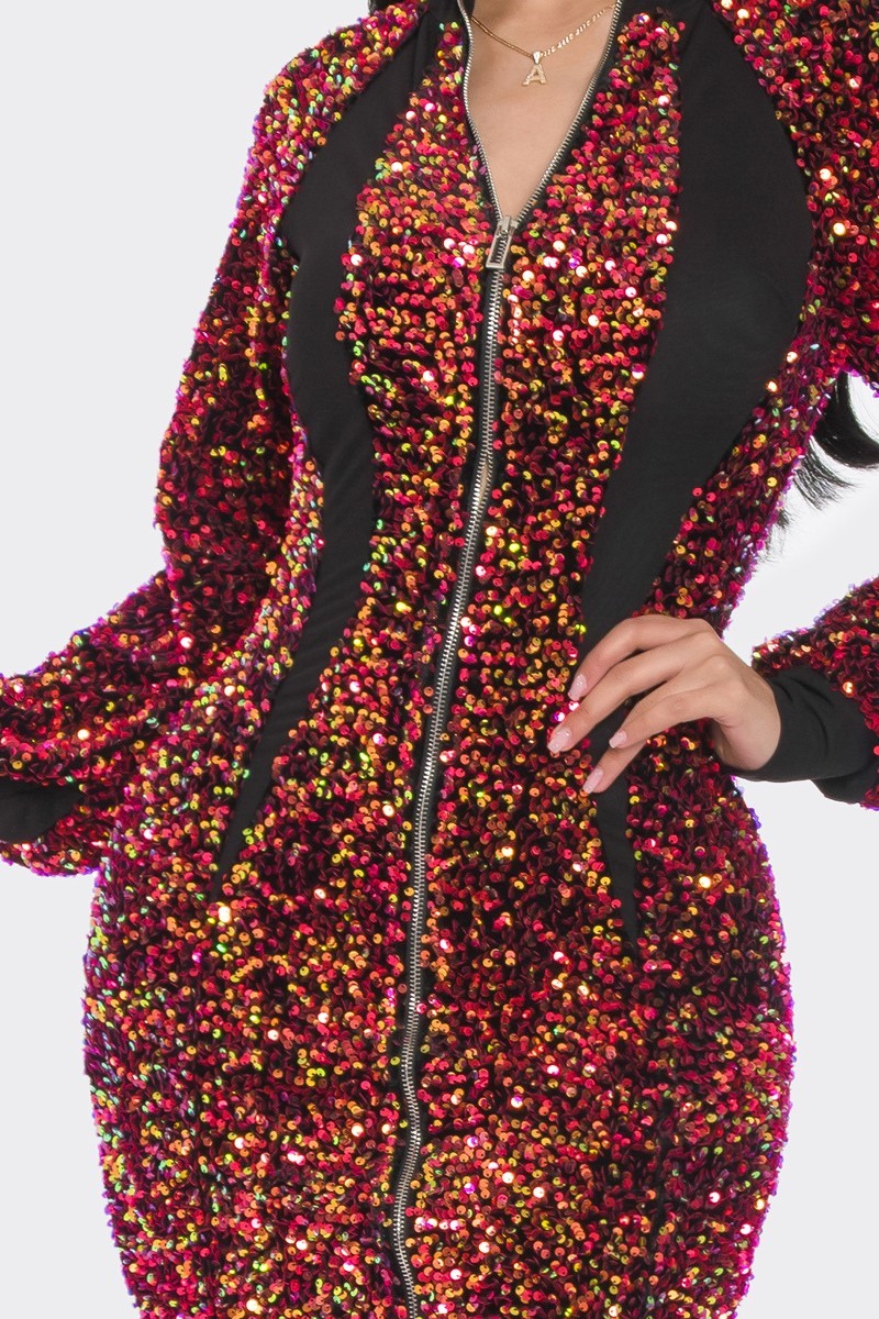 Women's Mid Way Two Zip Up Sparkling Sequin Contrast Dress (S & M Only)