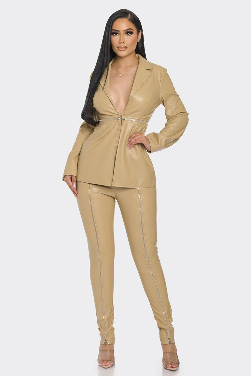 Women's Vegan Leather Zipper Pants Set