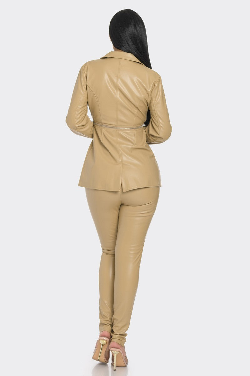 Women's Vegan Leather Zipper Pants Set