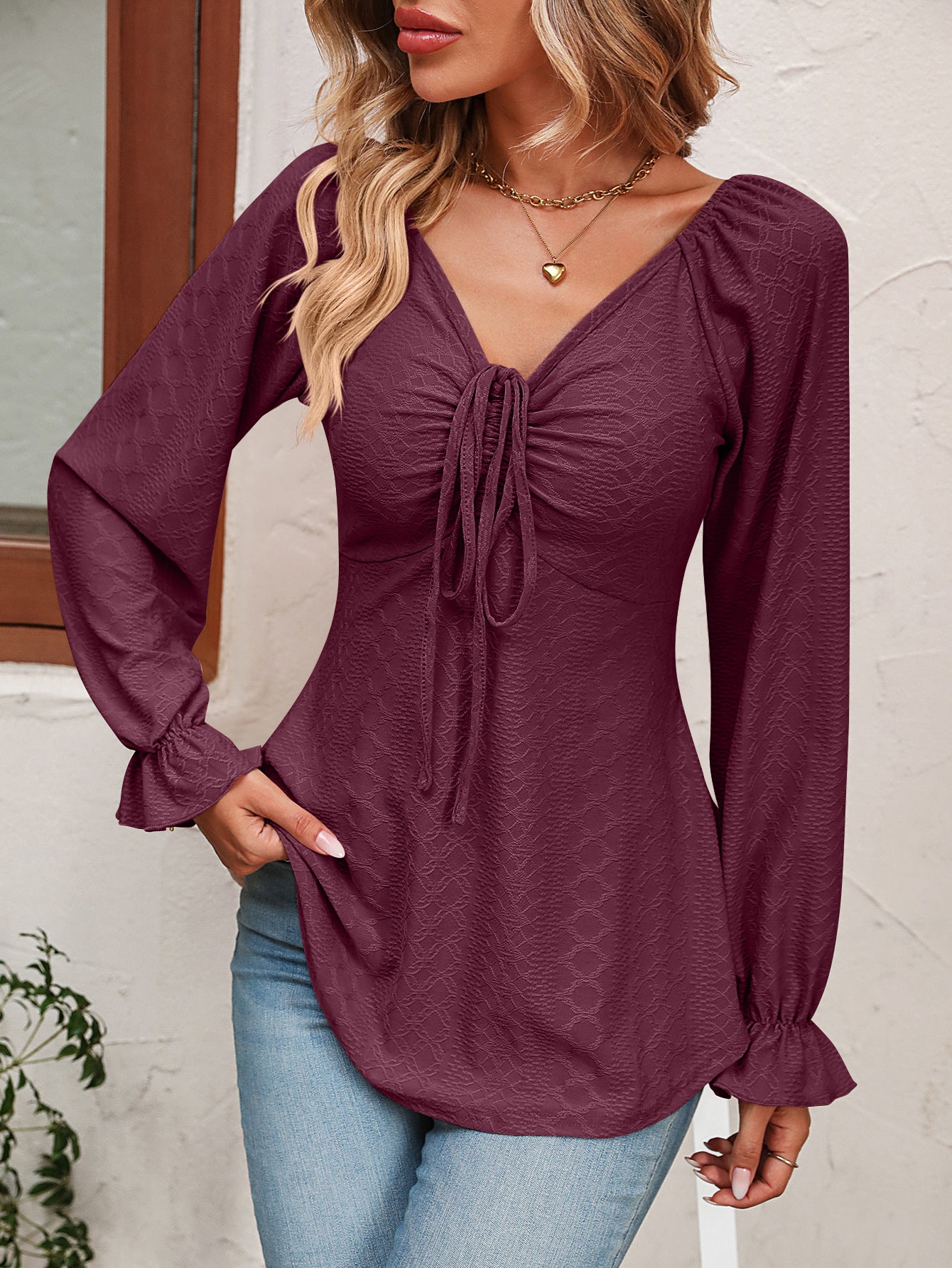 Women's Tie Front V-Neck Puff Sleeve Blouse