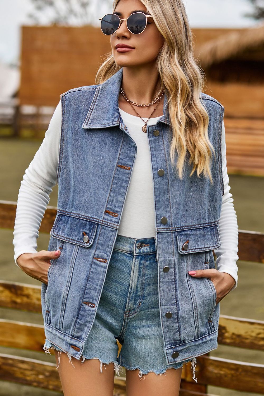 Women's Sleeveless Collared Neck Denim Vest with Pockets