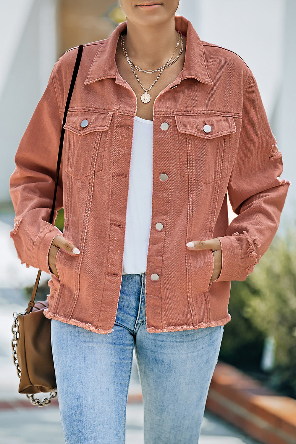 Women's Distressed Raw Hem Denim Jean Jacket