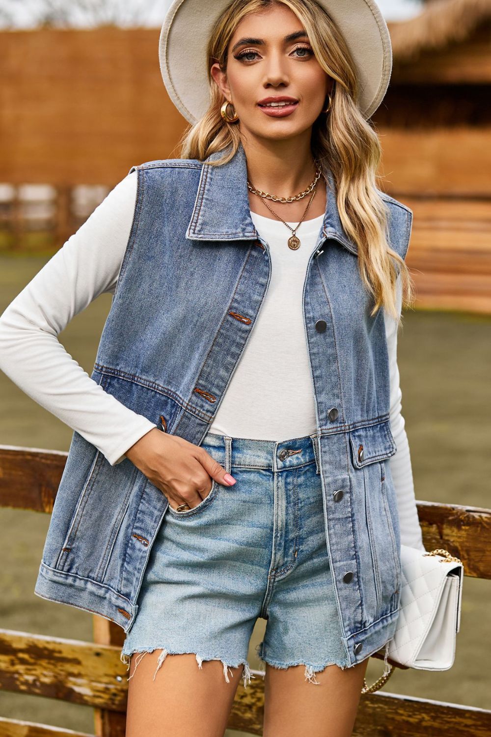 Women's Sleeveless Collared Neck Denim Vest with Pockets