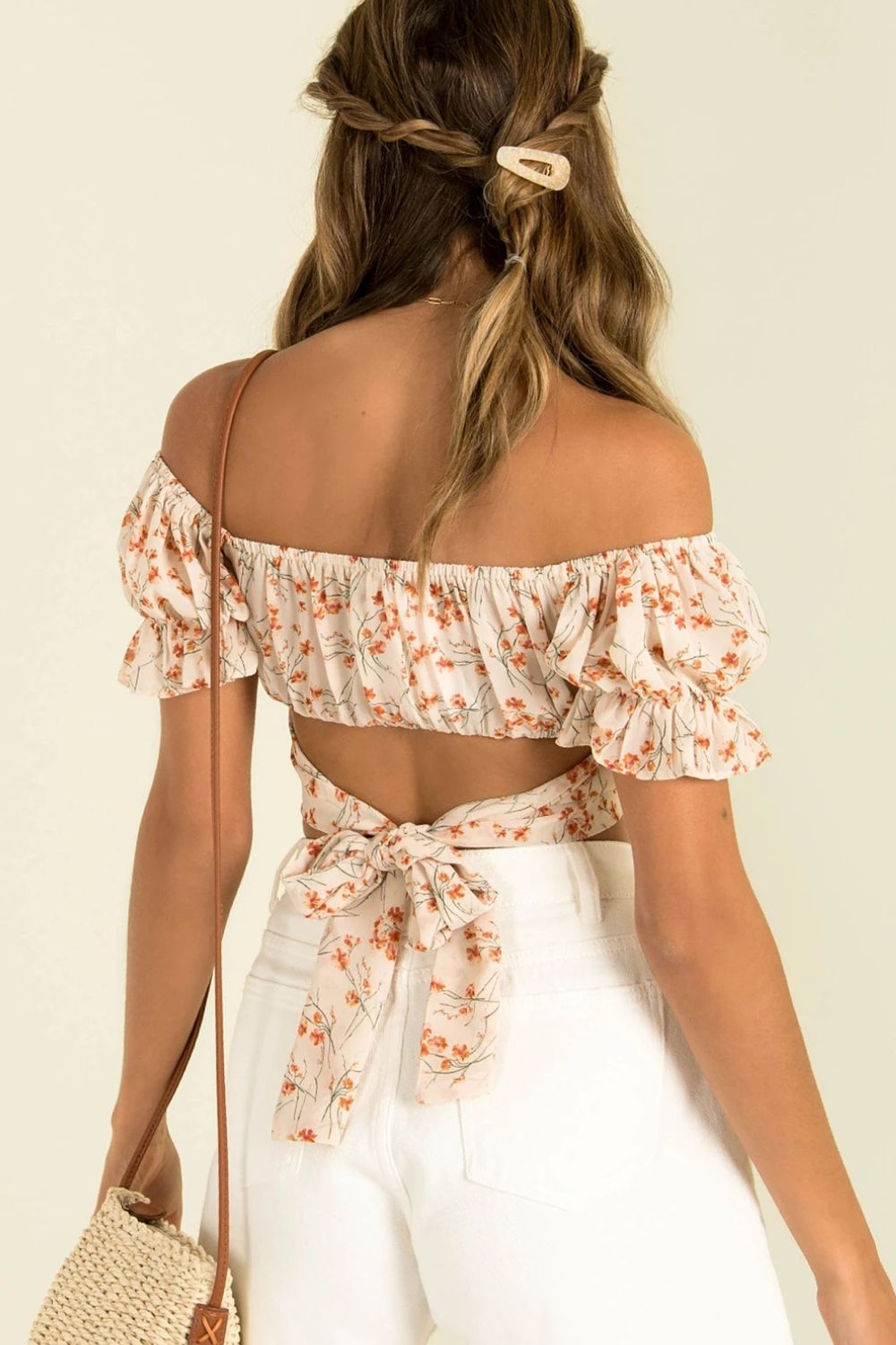 Women's Flower Print Ruffle Trim Off-Shoulder Back Tie Blouse