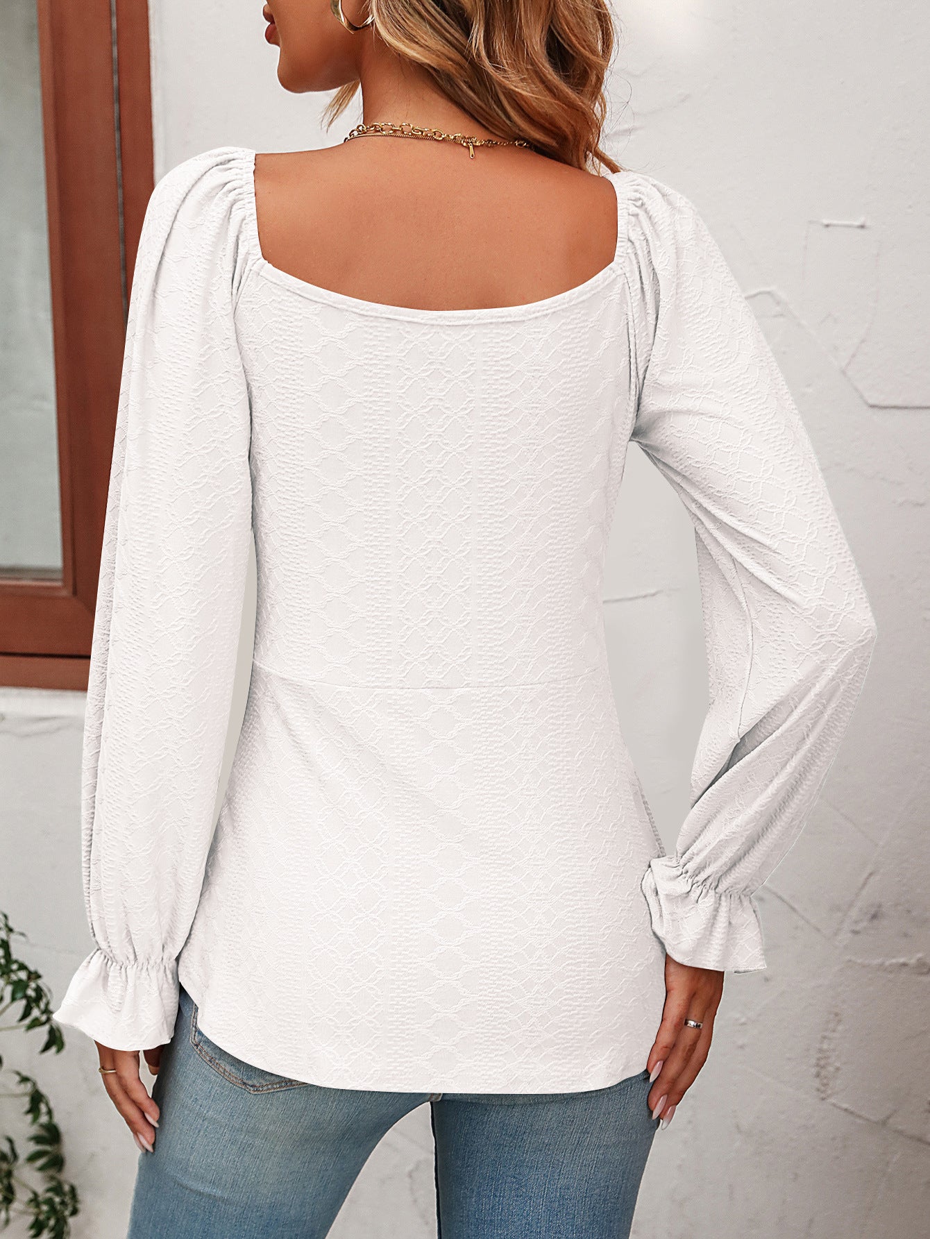 Women's Tie Front V-Neck Puff Sleeve Blouse