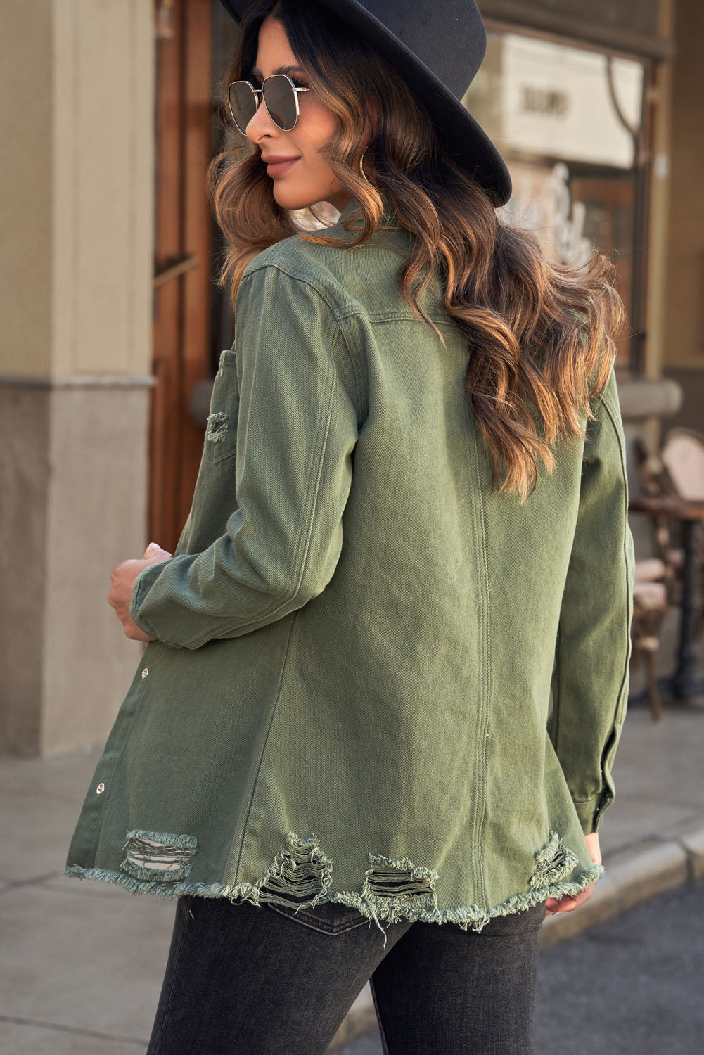 Women's Distressed Snap Down Denim Jacket