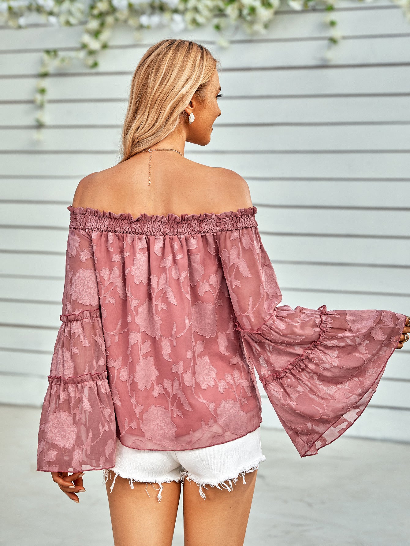 Women's Applique Flounce Sleeve Off-Shoulder Blouse