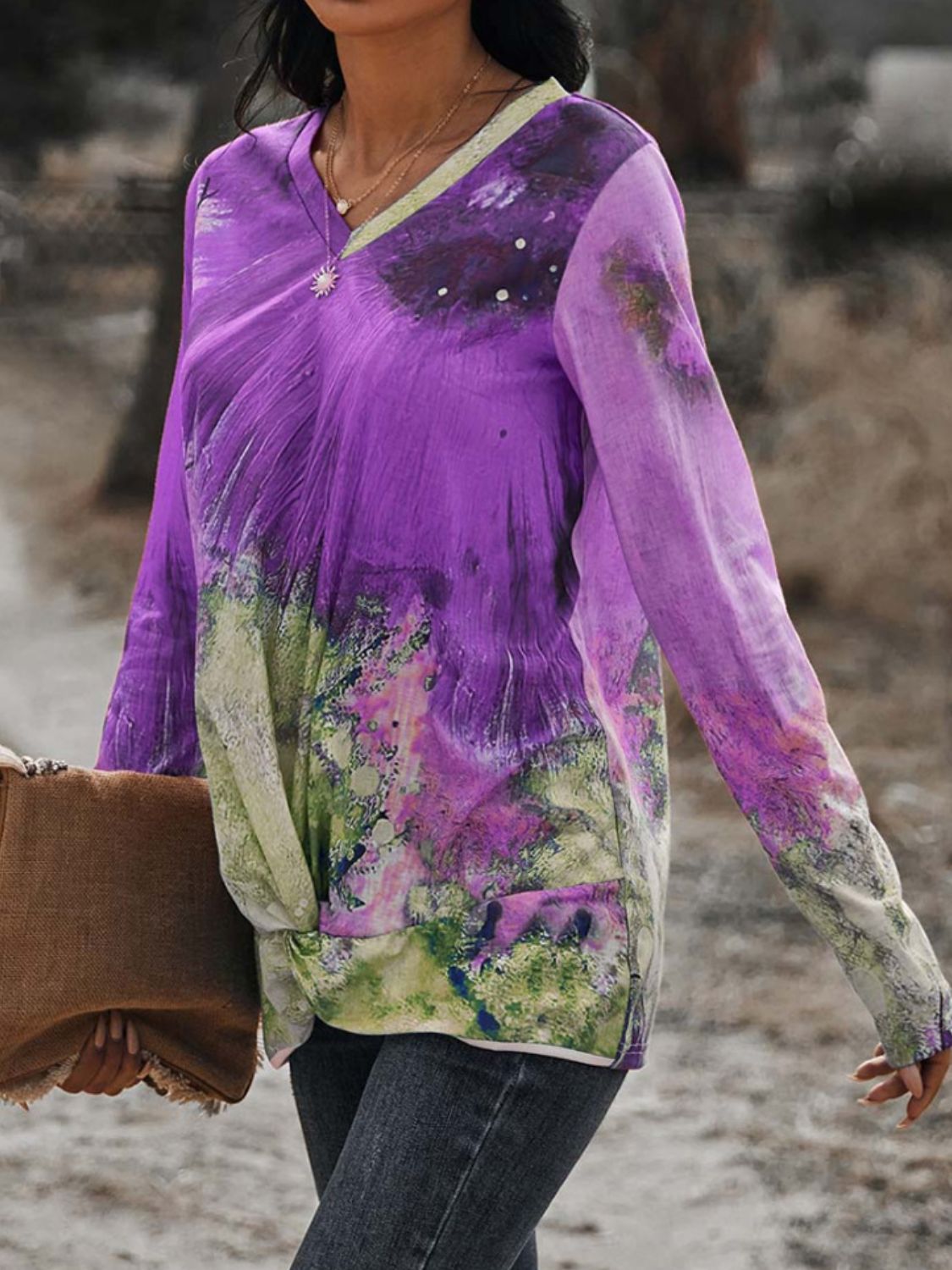 Women's Twisted Multicolor V-Neck Long Sleeve Tee