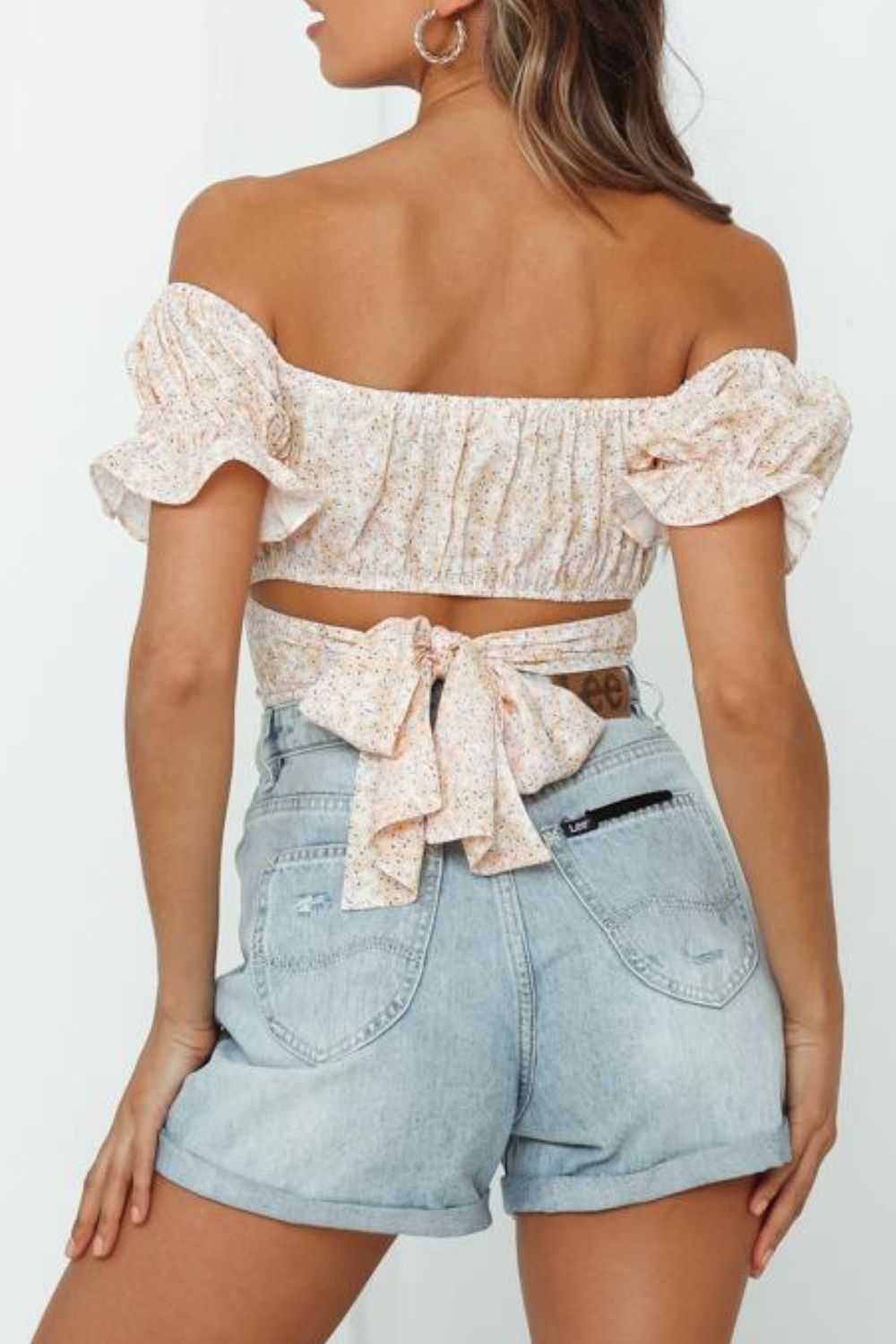 Women's Flower Print Ruffle Trim Off-Shoulder Back Tie Blouse