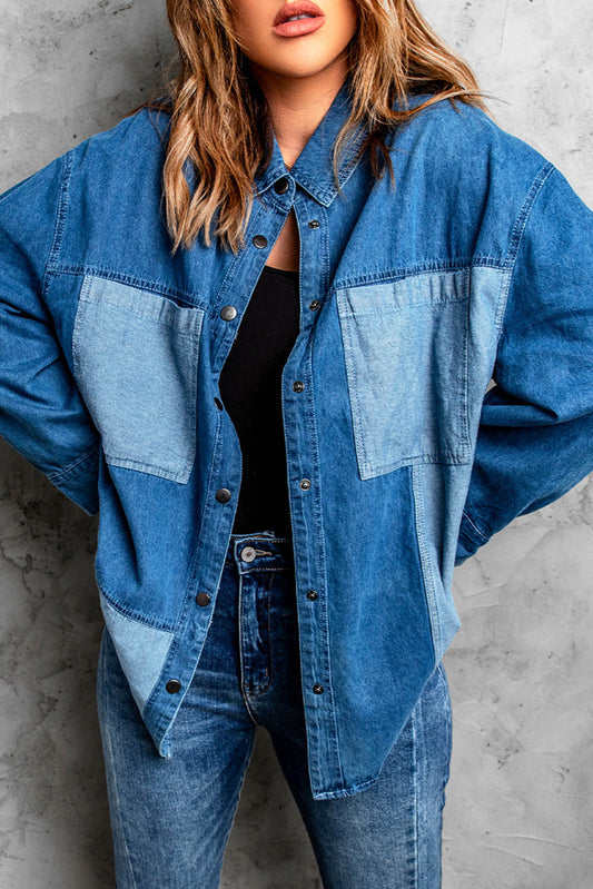 Women's Color Block Snap Denim Jacket