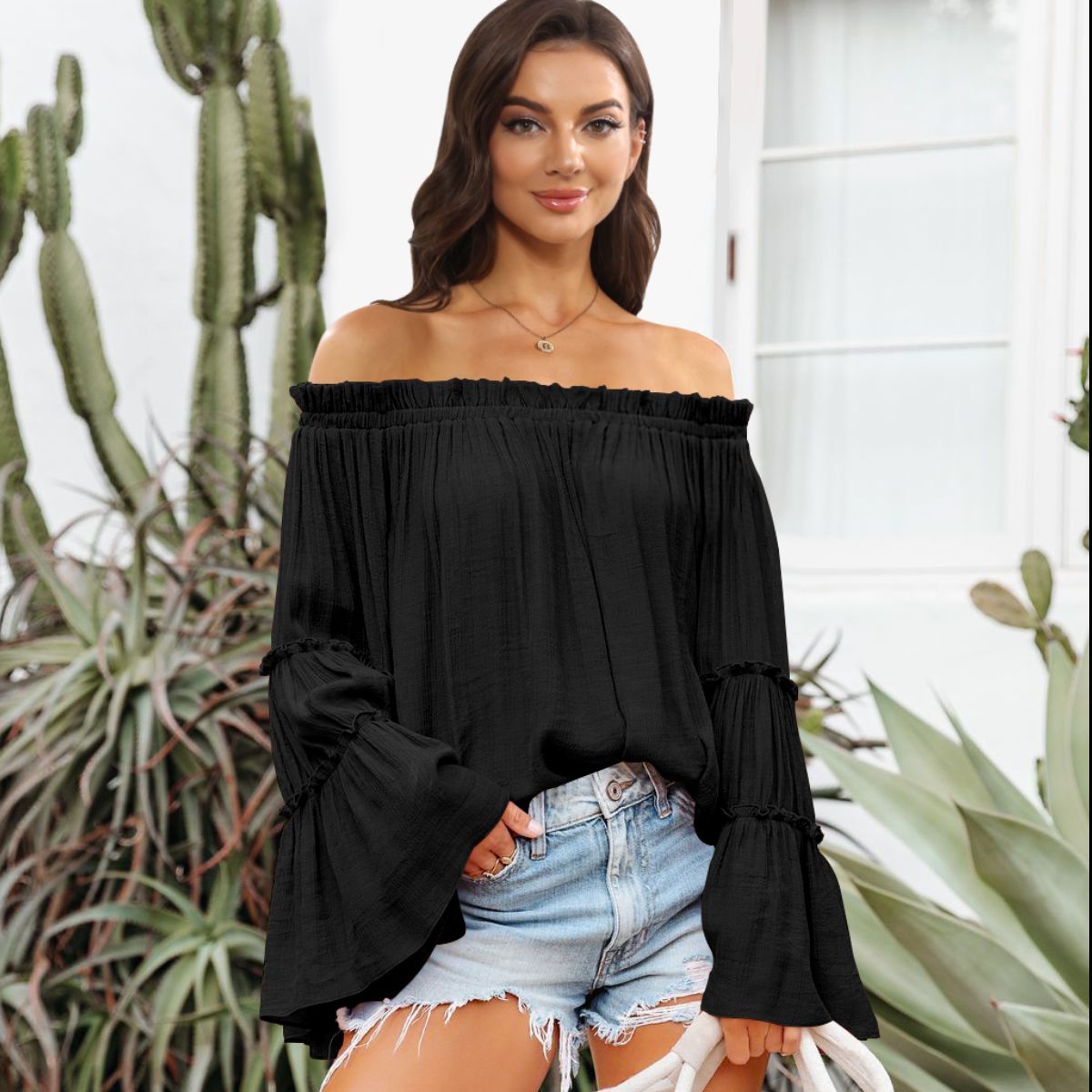 Women's Off-Shoulder Frill Trim Blouse