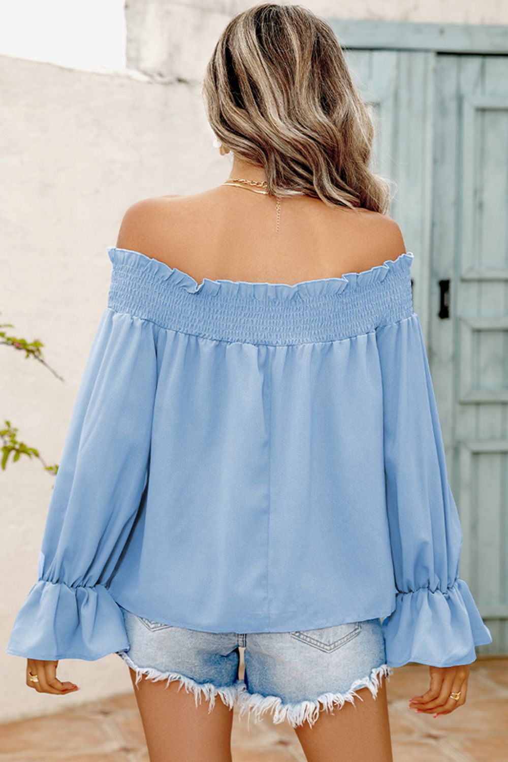 Women's Off-Shoulder Flare Sleeve Smocked Neck Blouse