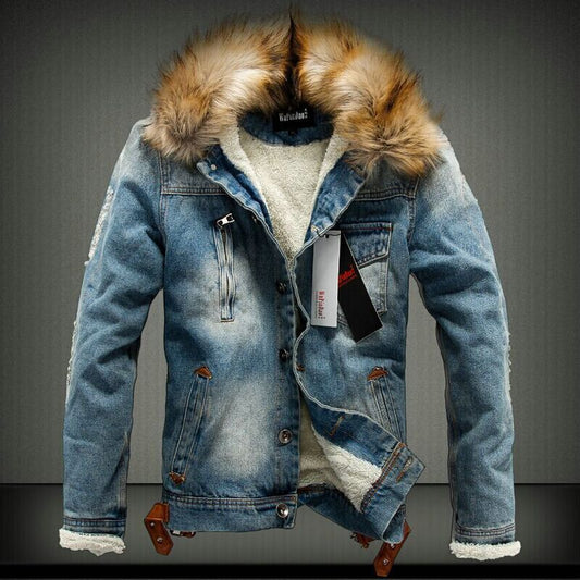 Men's Warm Denim Fur Hood Jacket