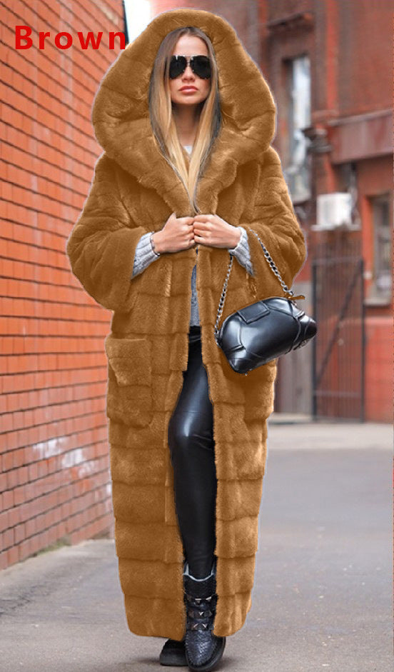 Thickened Royal Blue Faux Fur Long Warm Hooded Coat