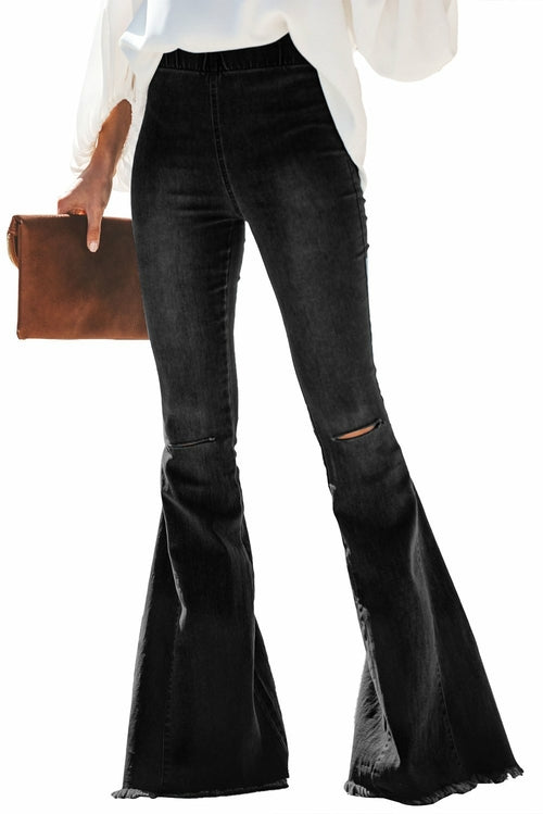 Women's  Flare Jeans Elastic Waist Bell Bottom Raw Hem Denim