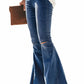 Women's  Flare Jeans Elastic Waist Bell Bottom Raw Hem Denim