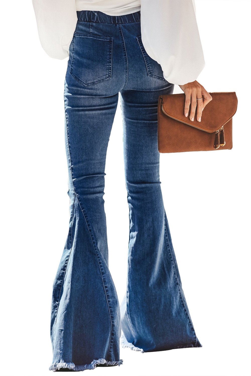Women's  Flare Jeans Elastic Waist Bell Bottom Raw Hem Denim