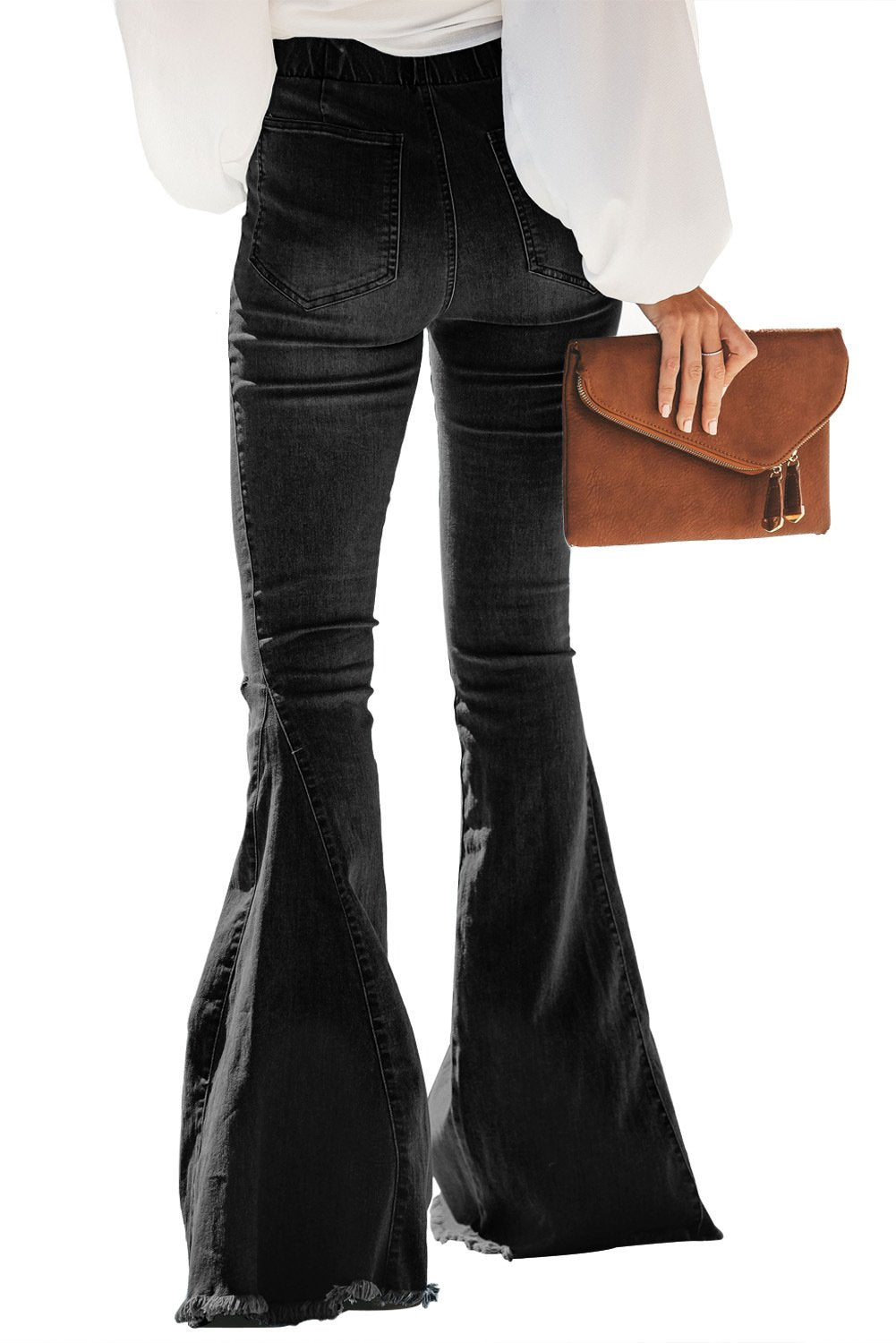 Women's  Flare Jeans Elastic Waist Bell Bottom Raw Hem Denim