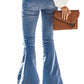 Women's  Flare Jeans Elastic Waist Bell Bottom Raw Hem Denim