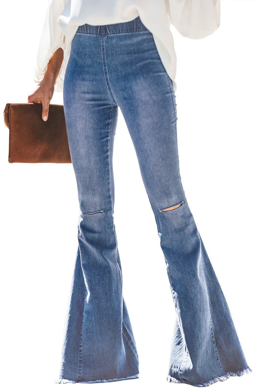 Women's  Flare Jeans Elastic Waist Bell Bottom Raw Hem Denim
