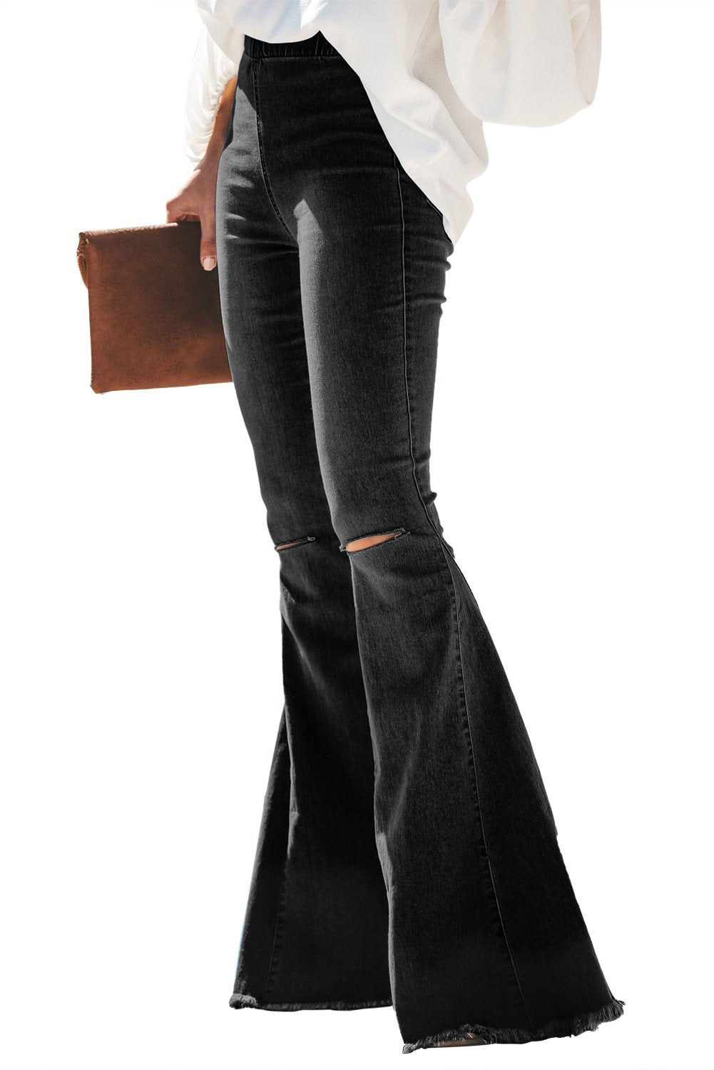 Women's  Flare Jeans Elastic Waist Bell Bottom Raw Hem Denim