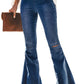 Women's  Flare Jeans Elastic Waist Bell Bottom Raw Hem Denim