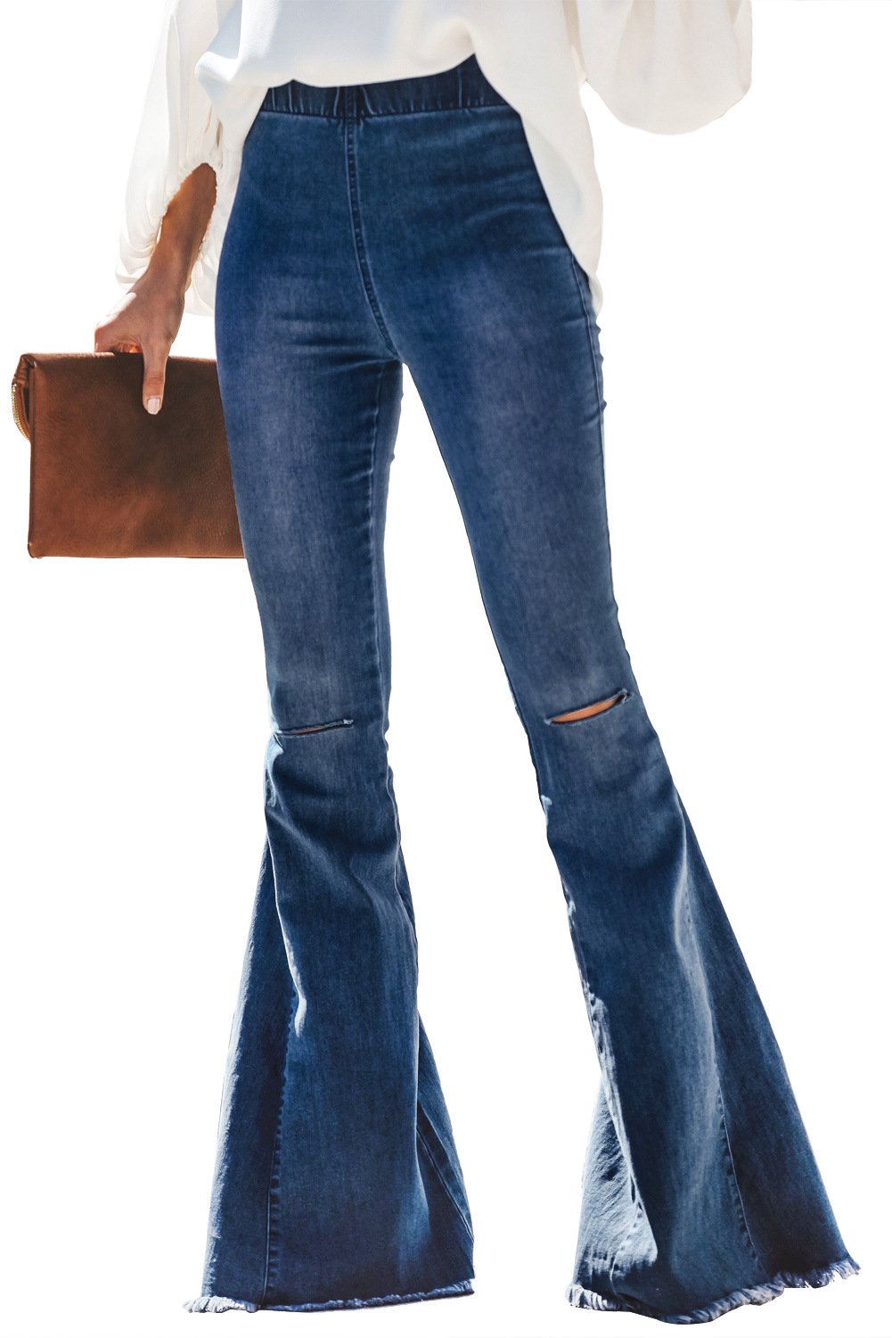 Women's  Flare Jeans Elastic Waist Bell Bottom Raw Hem Denim