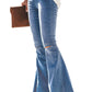 Women's  Flare Jeans Elastic Waist Bell Bottom Raw Hem Denim