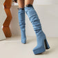 Women's Pointed Toe Platform Chunky Heel Belted Denim Straight Leg Over the Knee Boots