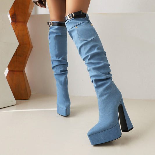 Women's Pointed Toe Platform Chunky Heel Belted Denim Straight Leg Over the Knee Boots