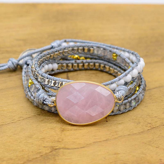 Egg-Shaped Powder Rose Quartz Healing Yoga Bracelet Natural Stone Wax Rope Hand-Woven Bracelet