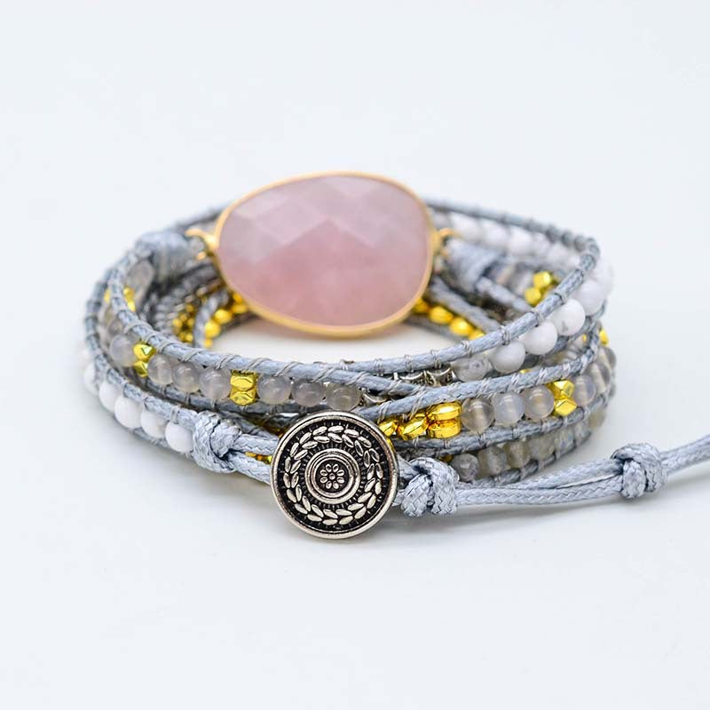 Egg-Shaped Powder Rose Quartz Healing Yoga Bracelet Natural Stone Wax Rope Hand-Woven Bracelet