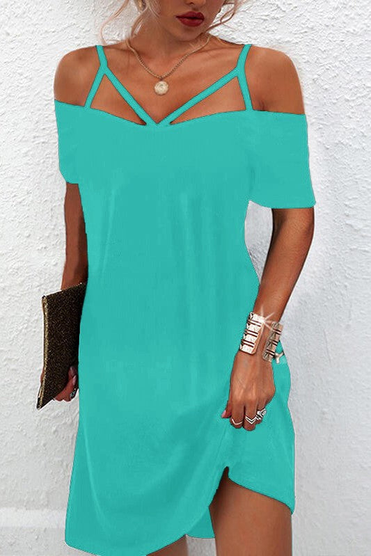 Elegant Strappy Cold Shoulder Short Sleeve Mini Dress Cecina, Mint